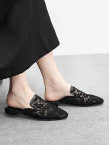 CUCCOO BIZCHIC 女士方头舒适时尚黑色蕾丝平底乐福鞋、一脚蹬穆勒鞋、百搭休闲及工作平底鞋 - 黑色 - 查看 4