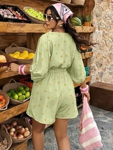 SHEIN LUNE 大尺碼女款水果印花彈性V領收腰無袖A字休閒連身褲，適合春/夏 - 彩色 - 查看 2