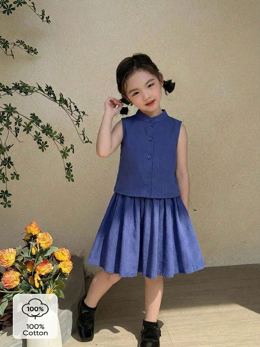SHEIN 2件裝少女藍色柔軟棉質無袖鈕扣上衣與藍色中長裙套裝,舒適休閒時尚 - 寶藍色 - 查看 1