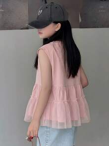 少女字母数字印花网眼拼接圆领T恤 - 淺粉色 - 查看 2