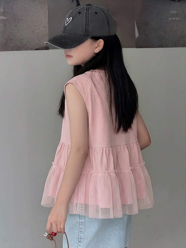 Tween Girl Letter & Number Print Mesh Patchwork Round Neck T-Shirt Summer