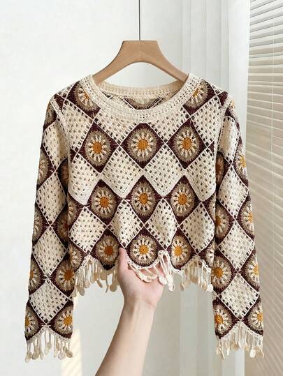 Franclia 春夏新款复古钩针镂空流苏长袖针织毛衣，宽松版型独特上衣，杏色圆领女式毛衣，时尚百搭休闲度假毛衣，优雅针织毛衣