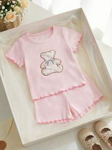 Souflis Souflis Baby Summer Sets New Arrival Casual Bear Embroidered Pattern Squishy Cotton Knit Pink Cute Tops Pink Shorts - Baby Pink - View 8