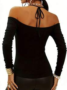 Selamara Women's V-Neck Halter Tie Shoulder Long Sleeve Blouse - Black - View 2