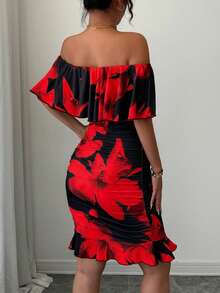 Selianne Tropical Print Off Shoulder Ruffle Trim Ruched Bodycon Dress Vacation Beach Outfits Women - Multicolor - View 2