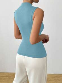 Celisse Asymmetric Neckline Elegant Sleeveless Top With Metal Shoulder Decor - Baby Blue - View 2