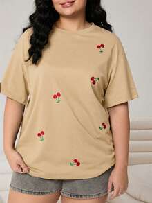 Solflare Cherry Embroidery Khaki Casual Plus Size Short Sleeve T-Shirt - Khaki - View 5