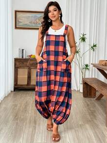 SHEIN LUNE CURVE Bộ áo liền quần dệt kim dáng rộng, thoải mái, có túi dành cho nữ, thích hợp cho kỳ nghỉ, có họa tiết kẻ caro. - trái cam - Xem 6