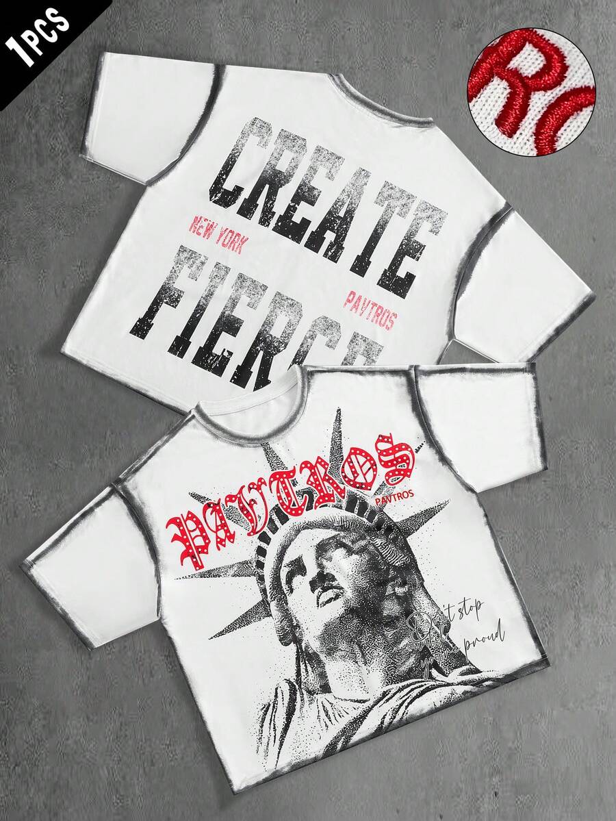 PAVTROS 男士休闲字母雕塑印花圆领短袖T恤，夏季 - 彩色 - 查看 1