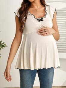 GentleRue Maternity Áo nỉ bầu kiểu dáng thường ngày, viền ren và nơ trang trí. - Màu be - Xem 4