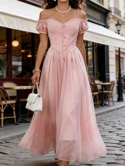 Franclia 2026新款优雅无肩带花瓣袖网纱拼接设计长款连衣裙，粉色仙女裙，适合日常穿着和约会