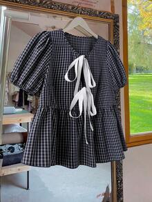 Sweetra 蝴蝶结，度假，夏季女装，秋季日系甜美可爱格子衬衫新款小码学院风减龄显瘦小号格子娃娃衫女短款夏季新款圆领蝴蝶结宽松蓬蓬蛋糕衬衫 - 藏蓝色 - 查看 1