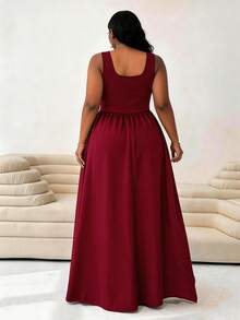 CurvyTilda Plus Size Women's Elegant Elegant Simple Solid Color Square Neck Waist Gathered Flared Hem Dress, Summer Party - Burgundy - View 2