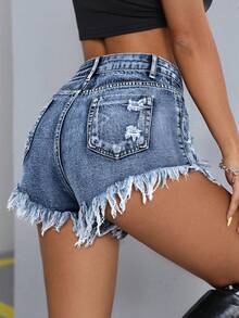 SHEIN PETITE Celana Pendek Denim Kasual Musim Panas dengan Efek Lusuh dan Cuci, untuk Wanita Bertubuh Mungil - Dark Wash - View 2
