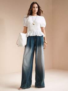 Arave 女士天丝面料修身花瓣袖褶裥收腰休闲通勤上衣 - 白色 - 查看 2