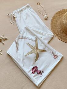 SHEIN EZwear 女式抽绳腰口袋海星印花宽松阔腿运动裤 - 白色 - 查看 5