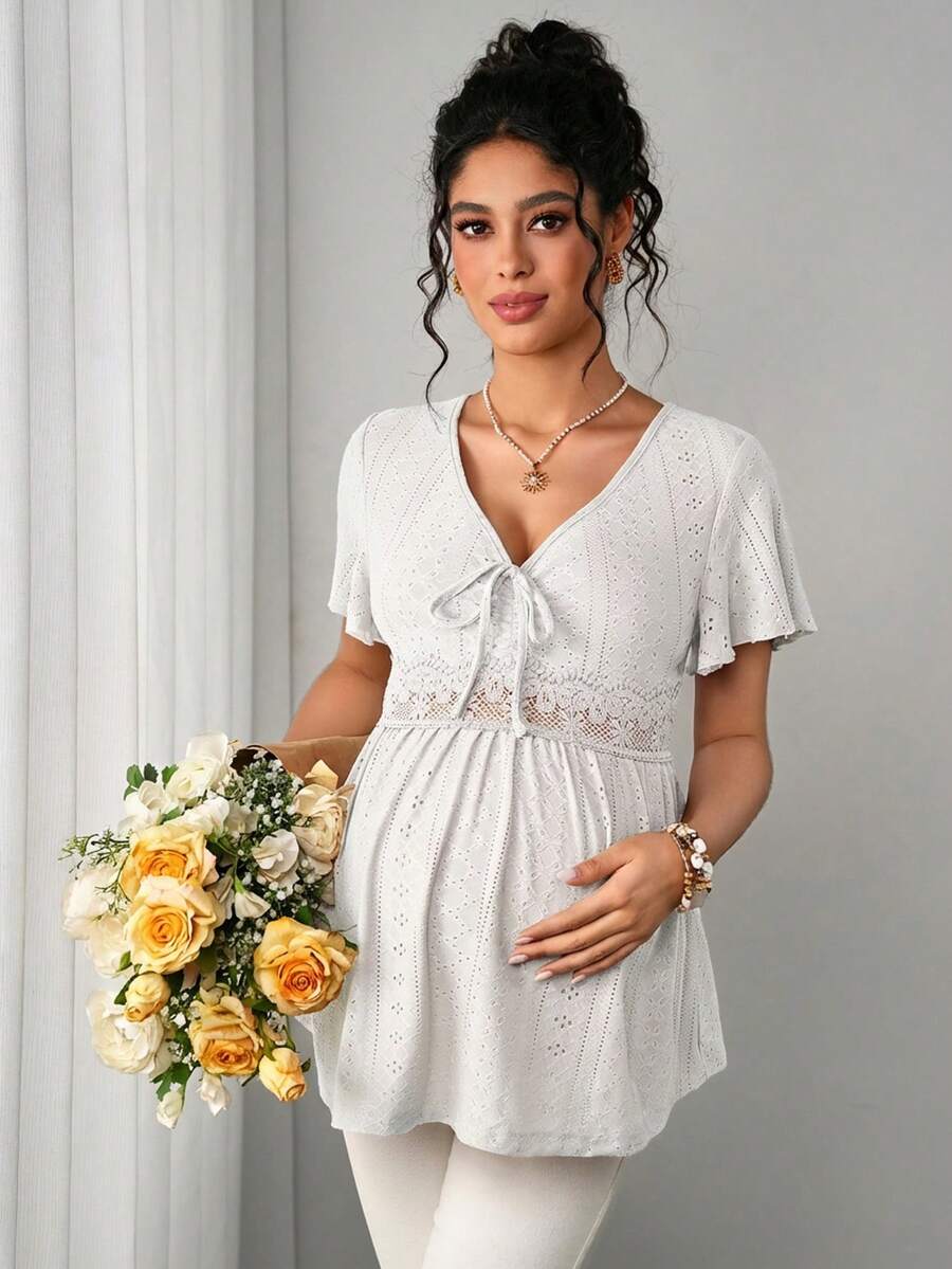 Momance Hollow Embroidered Ruched Chest Decoration Elegant Cute Casual Maternity T-Shirt - White - View 1
