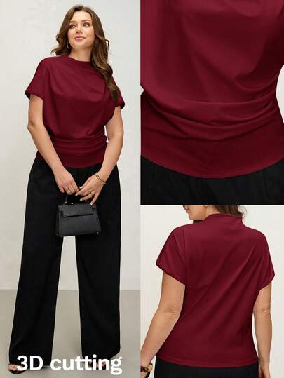 Comfylo Plus Size Women's Summer Casual/Work Commute Minimalist Solid Color Bat Sleeve Pleated T-Shirt Women's Tops And Blouses Women's Short Sleeve Tops Women Casual Outfits Blouse For Women Formal Occasion Mother's Day Business Casual Women Tops Top For Woman Elegant And Classy Formal Blouse For Women Casual Elegant Latest Tops For Women New Arrivals