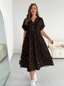 SHEIN CURVE+ Plus Size Summer Casual Cherry Print Dress - Multicolor - View 3