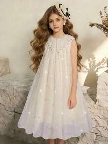 Đầm không tay đính sequin và cổ ngọc trai cho bé gái, thích hợp mặc hàng ngày, dự tiệc, sinh nhật. - Màu be - Xem 4