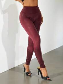 SHEIN PETITE 酒红色动物纹高腰紧身打底裤，冬季，圣诞节，性感，红色，秋季，夜店，秋季女装打底裤 - 酒紅色 - 查看 4