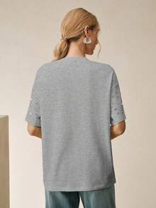 Anewsta Women's Casual White Round Neck Short Sleeve Rhinestone Embellished Top - Grey - View 2