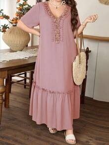 Lacomfia Women's Shell Tassel Decor Short Sleeve Loose Ruffle Hem Elegant Plus Size Dress - Pink - View 5
