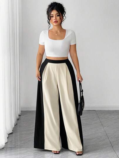 Elenzga Plus Size Women's Fashionable Elegant Minimalist Black & White Pleated Wide Leg Pants, Spring/Summer
