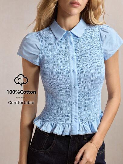 BizChic New Summer Blue Single-Breasted Button Shirt With Puff Sleeves, Ruffle Hem, Elegant Office Commuter Wear For Women