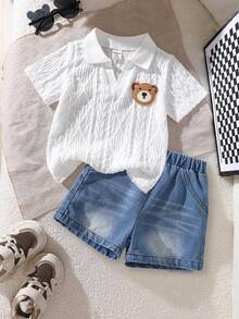 SHEIN Playful Pals 一套男婴夏季百搭休闲短袖简约上衣搭配时尚水洗牛仔短裤，适合日常穿着、家庭露营、外出就餐或购物。 - 彩色 - 查看 8