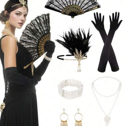 Bộ phụ kiện dự tiệc phong cách Flapper thập niên 1920, phụ kiện thời trang nữ thập niên 20 sôi động, phụ kiện đội đầu kiểu Flapper.