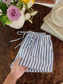 Comfortcana 女士复古海军蓝条纹休闲棉质抽绳短裤，适合外出、街头风、时尚休闲、海滩度假 - 彩色 - 查看 5