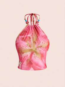 ROMWE Áo tank top ôm sát cổ yếm buộc dây, in hoa, đính hạt cườm, kiểu dáng gợi cảm Island Babe dành cho nữ. - Nhiều màu - Xem 10