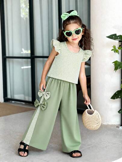 SHEIN Vintaside Kids 女童夏季休闲格子短袖衬衫配蝴蝶结装饰和长裤套装