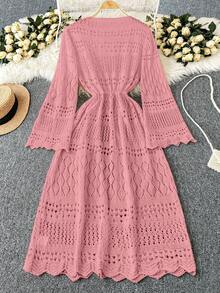 Franclia Plus Size Women's Solid Color Beach Resort Romantic Crochet Net Drawstring Tie Bow Cardigan Western Wear - Pink - View 2
