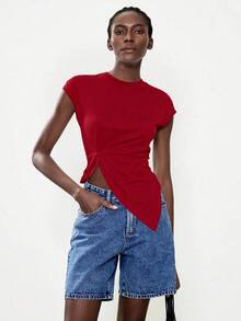 Lumivelle Camiseta blanca elegante y minimalista para mujer, adecuada para el uso diario, de moda y versátil - Rojo - Ver 6