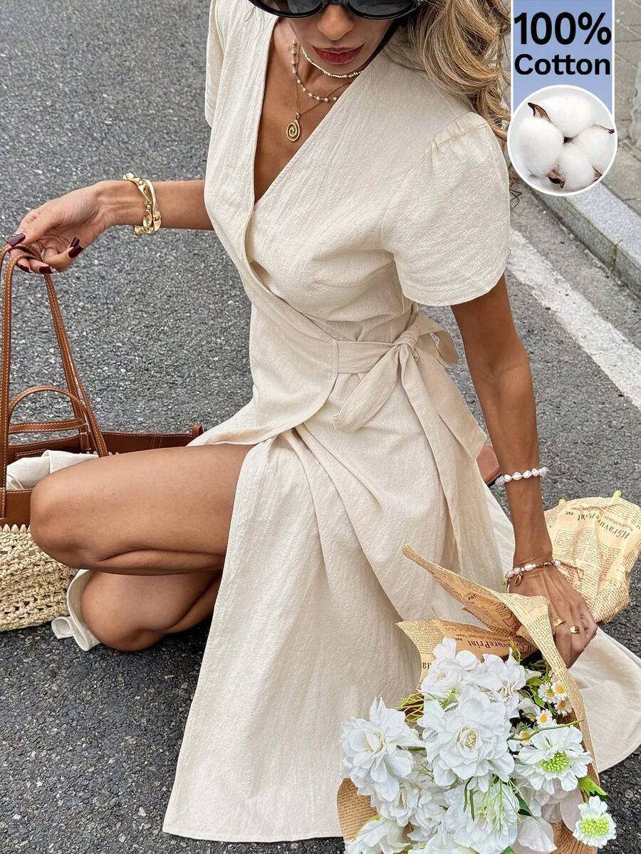 Serisse 女士休闲纯色系带中长连衣裙 - 杏色 - 查看 1