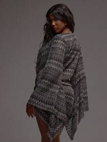 MUSERA Extreme Cowl Front Long Sleeve Textured Patterned Crochet Striped Mini Dress Boho Festival Holiday Beachwear Summer Vacation Cute Elegant Ibiza - Multicolor - View 2