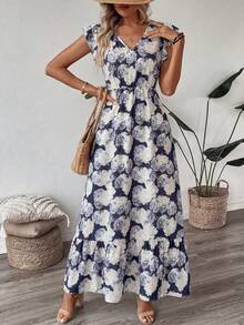 SHEIN LUNE V领荷叶边装饰短袖及下摆女士休闲度假连衣裙，印花图案 - 彩色 - 查看 3