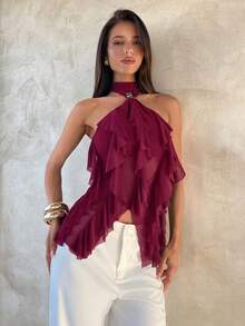 Aloruh Women's Elegant Multi-Layer Ruffle Trim Stand Collar Fitted Tank Top - Red Violet - View 7