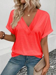 Fashionable Retro Casual Neon Red V-Neck Layered Collar Cuff Sleeve Women T-Shirt - Red - View 4