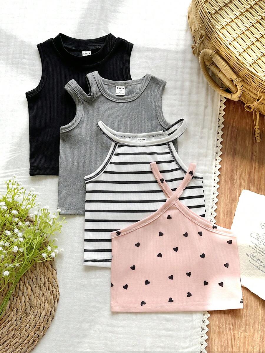 SHEIN Vintaside Kids 4件套少女休闲混领吊带背心套装 - 彩色 - 查看 1
