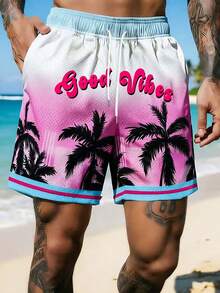 Aesthetic Post 男士夏季休闲沙滩度假渐变热带字母印花网眼透气抽绳腰短裤 - 彩色 - 查看 5
