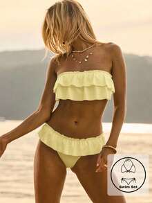 Aralina Conjunto de bikini con volantes, estampado floral rosa, sin tirantes, tipo bandeau, con bolsa de playa, para vacaciones de verano en la playa - Amarillo - Ver 1