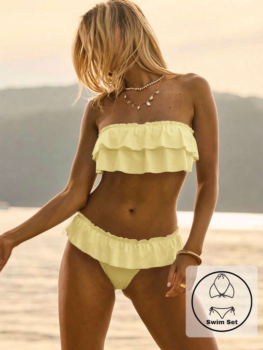 Aralina Conjunto de bikini con volantes, estampado floral rosa, sin tirantes, tipo bandeau, con bolsa de playa, para vacaciones de verano en la playa - Amarillo - Ver 1