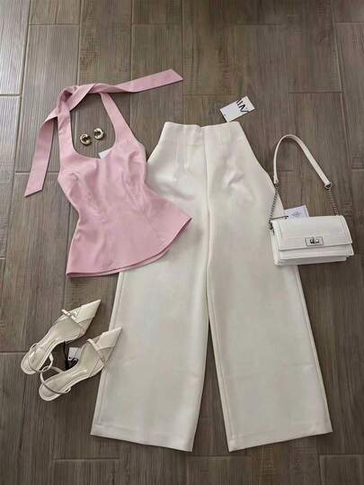 Airaco Conjunto casual de 2 piezas de top halter de unicolor y pantalones de pierna ancha para mujer