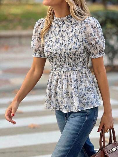 Solivie Women's Floral Print Short Petal Sleeve Shirred Shirt For Vacation Women's Summer Short-Sleeve Puff Sleeve Full-Body Elastic Fit Blouse, Semi-Sheer, Sexy Country Style Blue Floral Print Blouse Summer Outfit For Womensummer Top