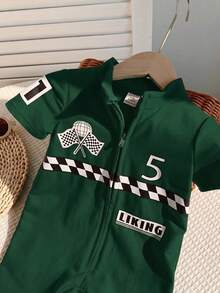 SHEIN Bộ áo liền quần tay ngắn cổ mềm mại, họa tiết chữ cái cho bé trai/bé gái, kèm quần short. - màu xanh lá - Xem 3