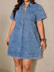 Elaquor Plus Size Women's Summer Casual Vacation Daily Commute Button Decor V-Neck Short Sleeve Loose Denim Dress - Light Wash - View 3