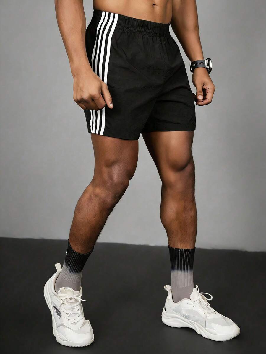 Acti Log Quần short thể thao nam kẻ sọc, cạp chun, kiểu dáng thường ngày. - màu đen - Xem 1